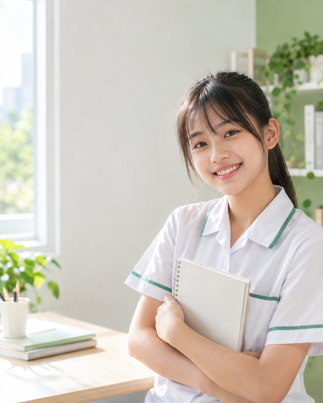 學生在明亮的學習環境中自信微笑